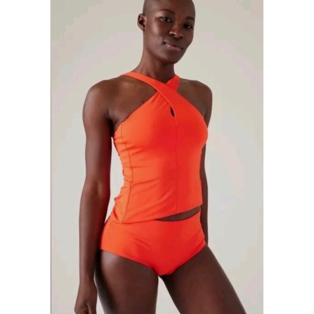 Athleta Womens Cross Front Halter Tankini Swim Top Orange Size M Adjustable Back